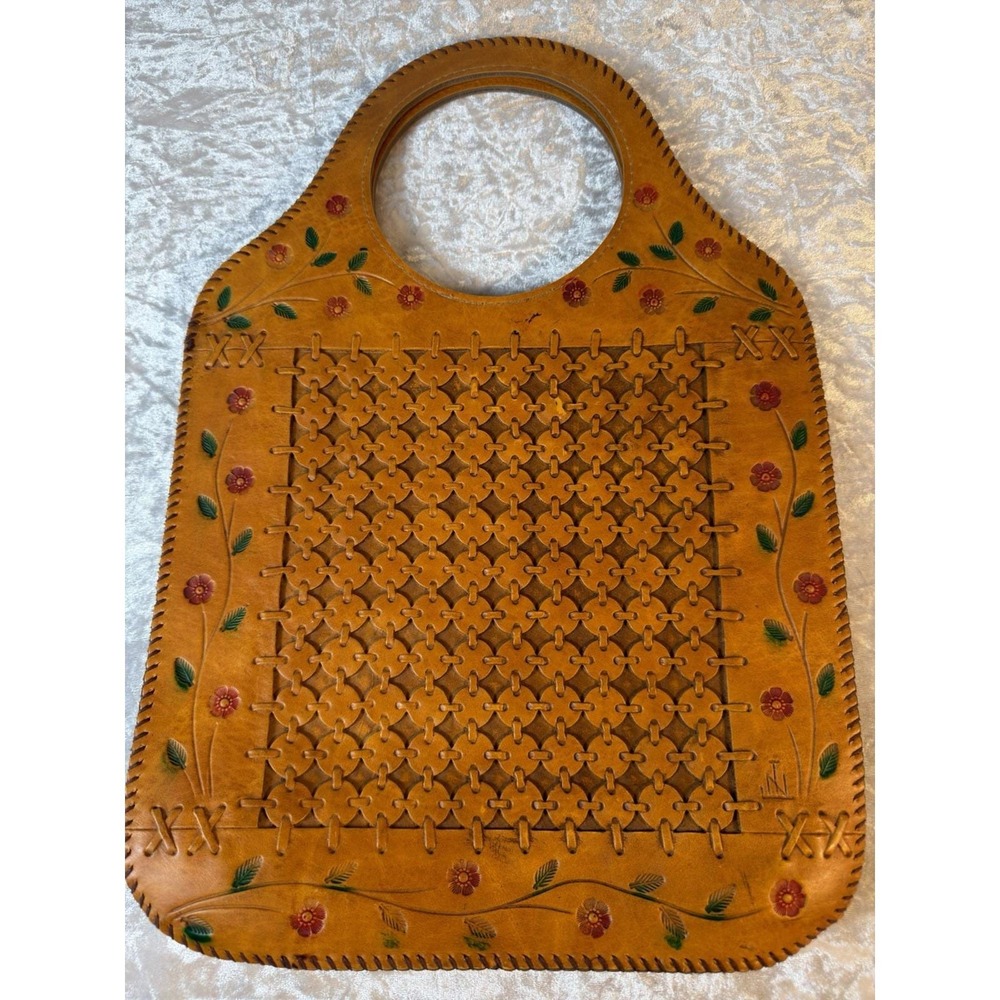 Vintage Handmade Leather Cutwork Handbag Floral Painted Boho Tote Purse Tan - Picture 3 of 9